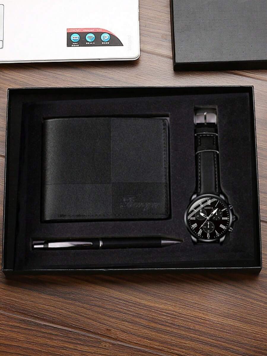 Conjunto de caixa de presente: relógio de quartzo clássico da moda + caneta + carteira + caixa de presente, adequado para presente de casamento, presente de aniversário, presente de casal, presente de dia dos pais, presente de professor, presente de reunião anual da empresa, presente de homem de para namorados