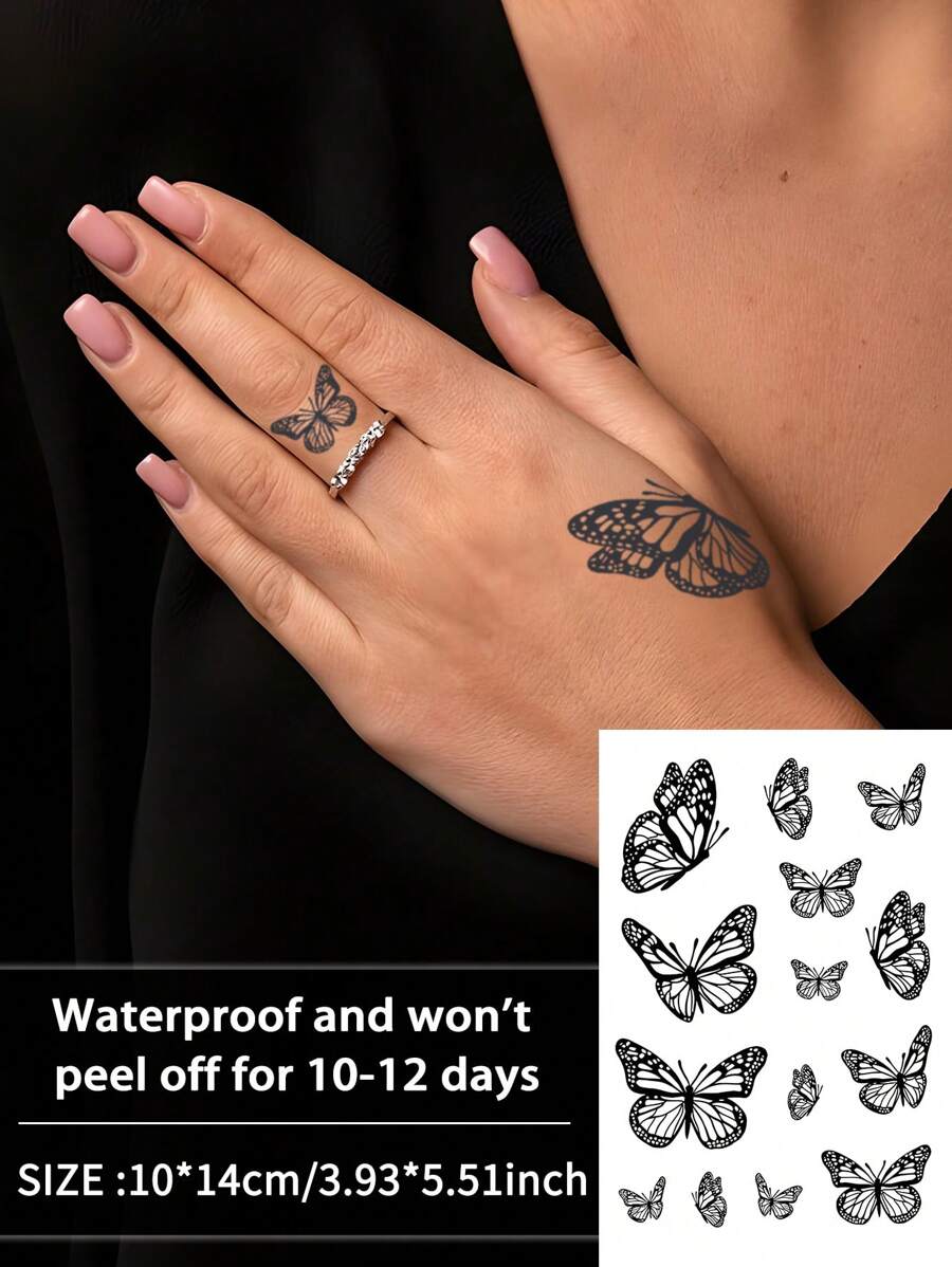 1Pc Vlinder Tijdelijke Tatoeages Waterdicht Zweetbestendig Blijft 1-2 Weken Houdt Realistische Kruidensap Niet-Reflecterend Anti-Wrijving Nep Zwarte Nep Tatoeages Voor Mannen En Vrouwen Tatoeage Stickers Voor Arm, Borst, Taille, Rug, Buik, Been, Nek, Vinger, Oor Modernistische Lichaamskunst