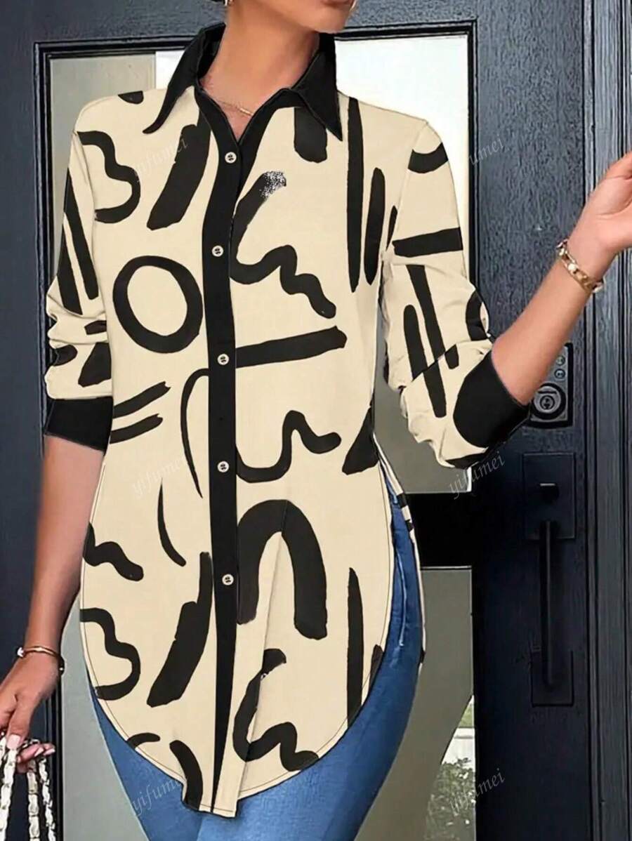 Women's Line Print Casual Long Sleeve Blouse, Spring & Autumn