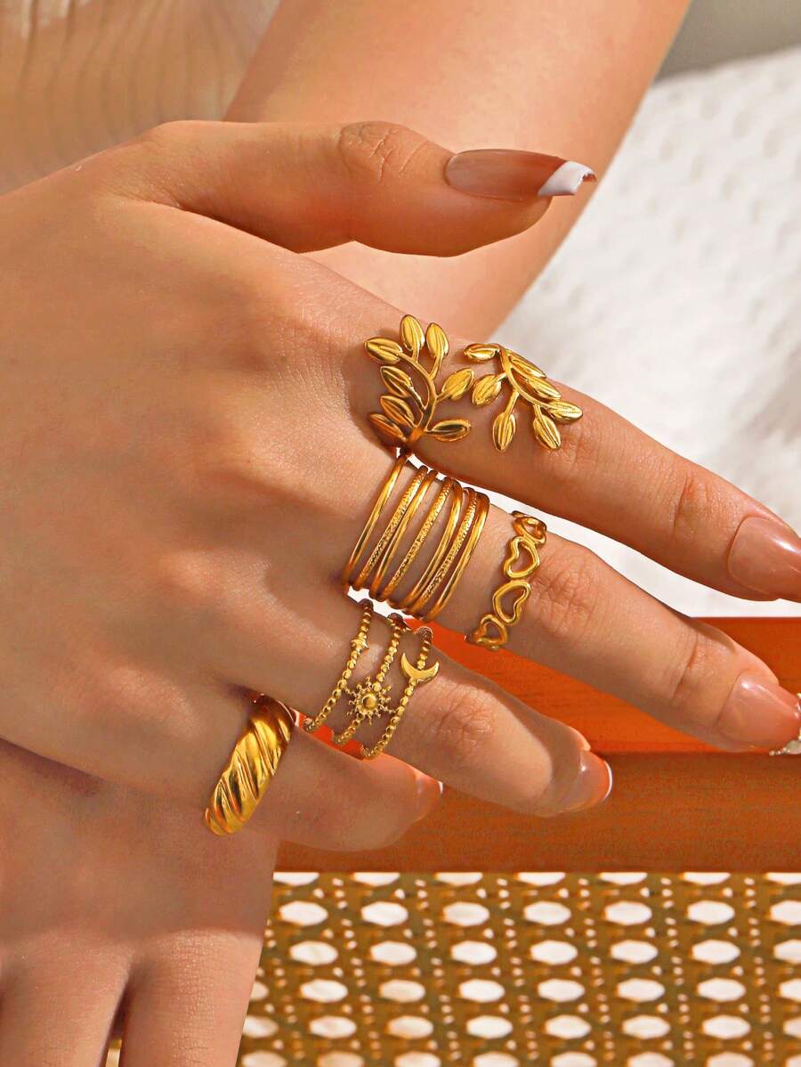 5 peças/conjunto de anéis abertos de aço inoxidável com linha de folhas elegantes, adequados para uso diário feminino