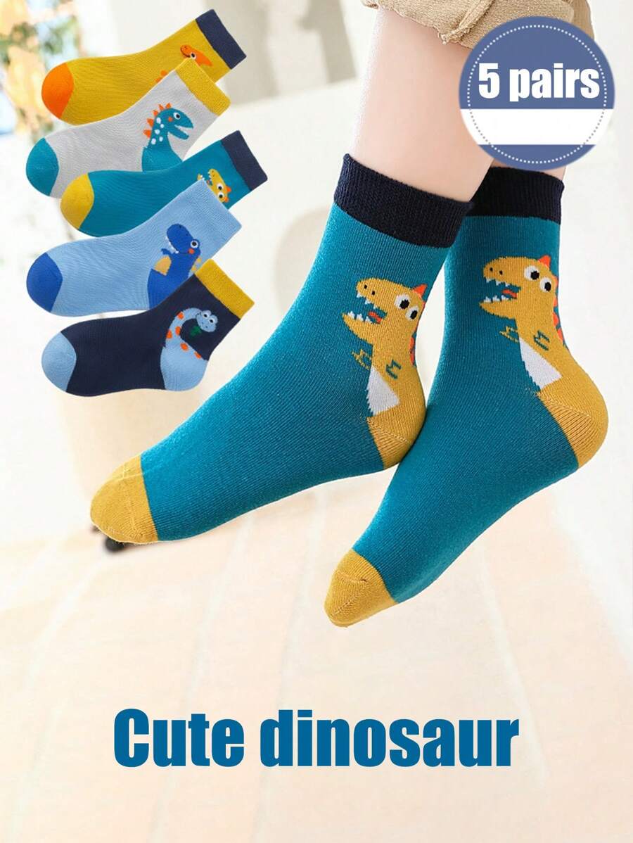 5 Pairs Of Small Dinosaur Spring/Summer Breathable, Sweat Absorbing, And Odor Resistant Mid Length Socks