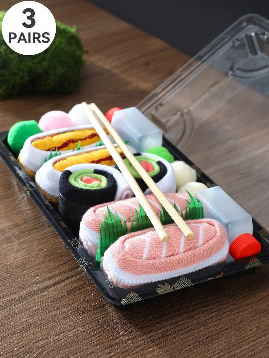 3 pares de calcetines tipo tripulación con diseño de sushi para hombres y mujeres, calcetines casuales cómodos y transpirables con estampados divertidos y novedosos, ideales para parejas, regalos de vacaciones