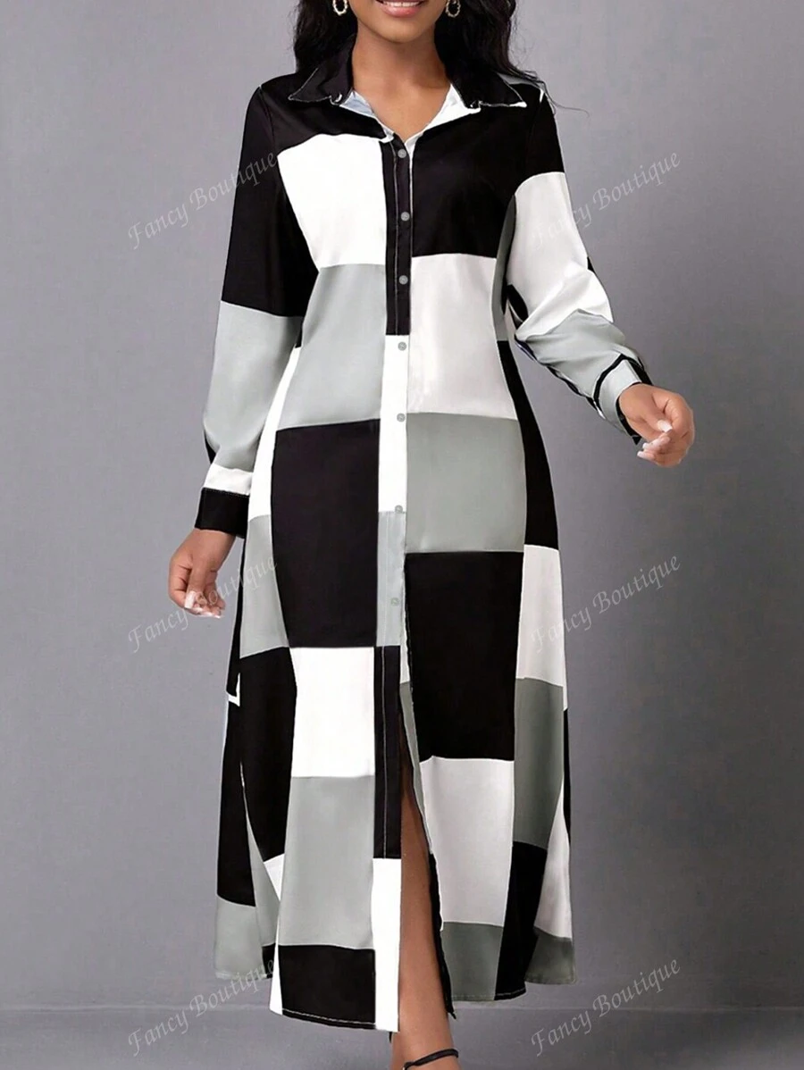 Vestido largo con botones, de manga larga y con bloques de color, cuello con solapa, para mujer. Camisa casual de mujer de manga larga dividida, con cuello, ajuste regular, de múltiples colores, para uso diario casual en primavera/otoño