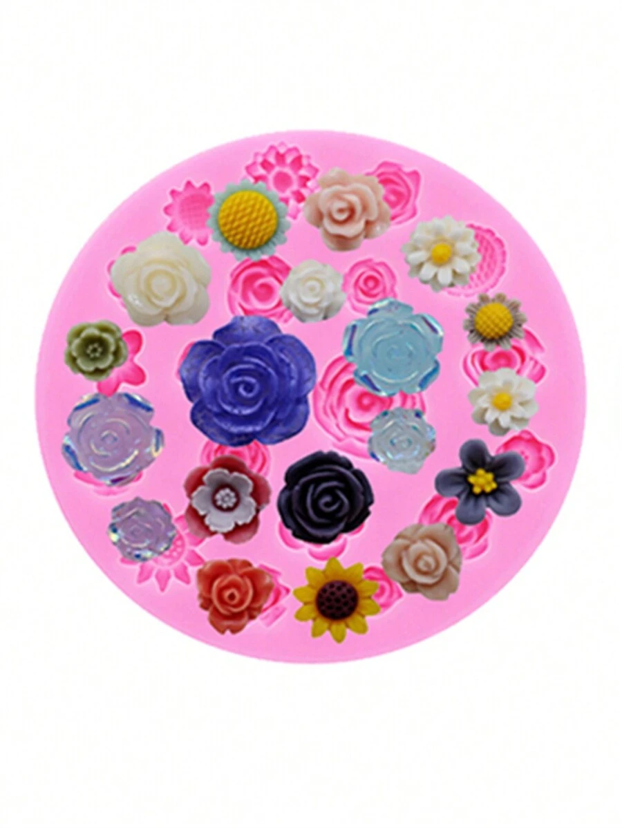 1 pieza Molde de silicona con forma de flor pequeña para hacer accesorios de joyería de resina, en color rosa, incluye formas de girasol, rosa y margarita. Apto para manualidades de resina epoxi, accesorios para el cabello y decoración de calzado para San Valentín.