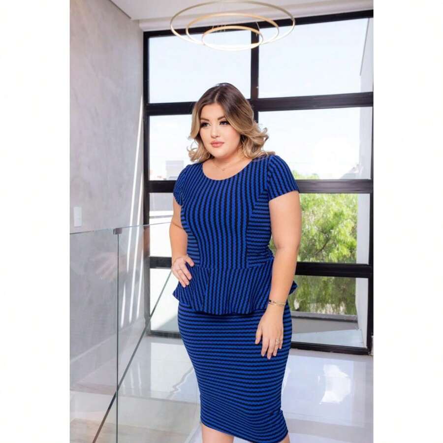 CONJUNTO PEPLUM MALHA COMÉIA MODA EVANGÉLICA FASHION EXECUTIVA AZUL ROYAL