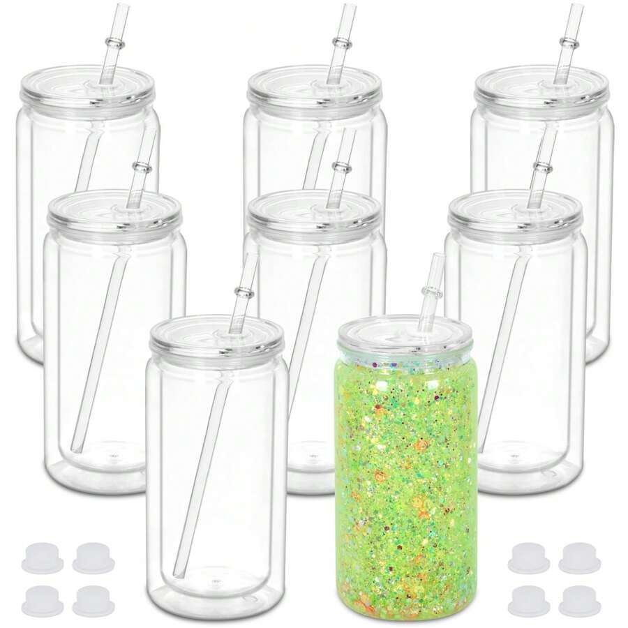 HILAKE 16 Oz Plastic Snow Globe Tumbler, 8 Packs Double Wall Snowglobe Tumbler With Pre Drilled Hole, Plastic Mason Jar Cups Can For Snow Globe Glitter DIY, Christmas And Halloween Gifts, Water Bottle, For Outdoor, Camping