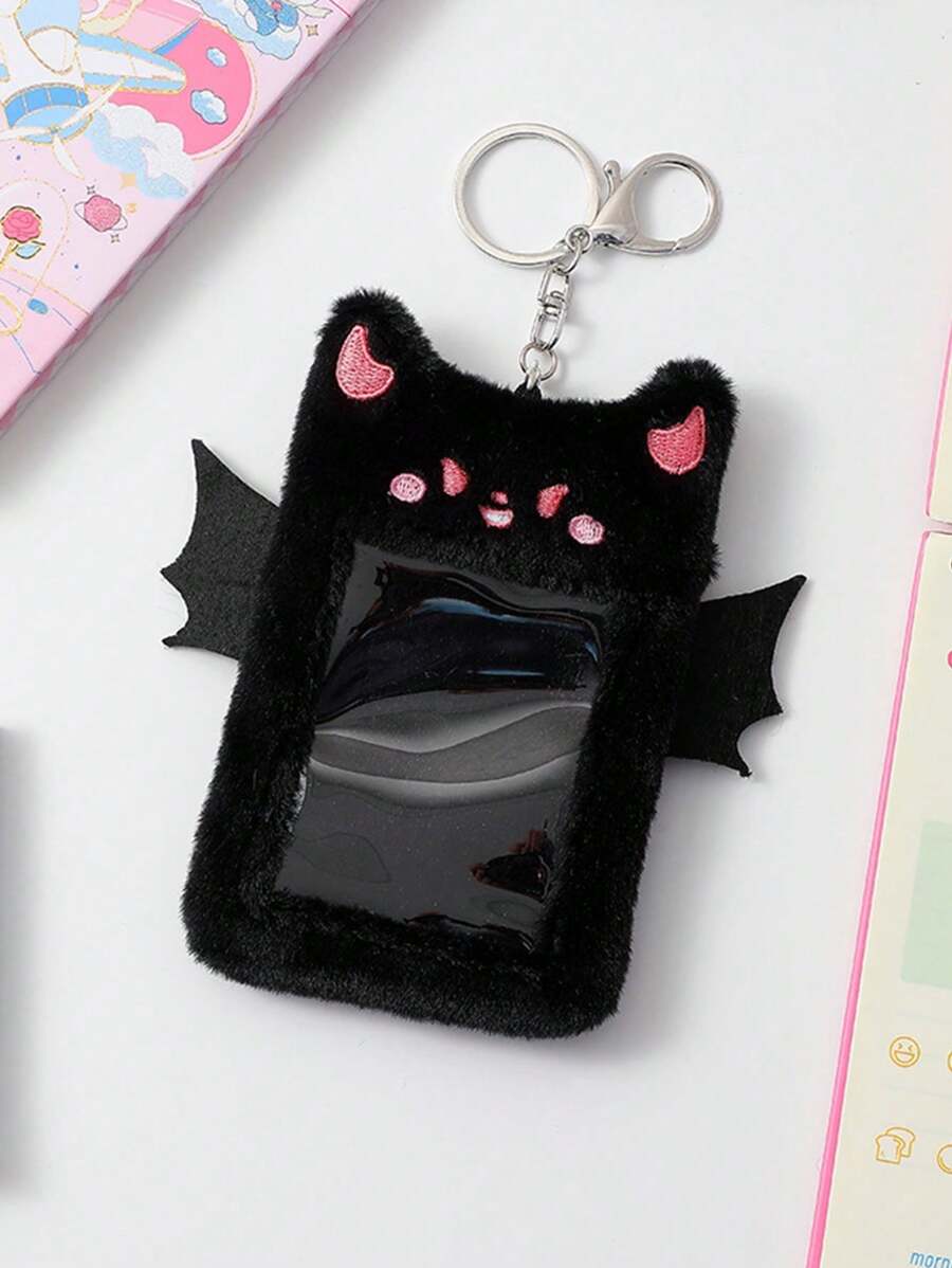 1pc Purple Fuzzy Monster Decor ID Card Holder, Cute Portable Office Card Cover With Key Ring