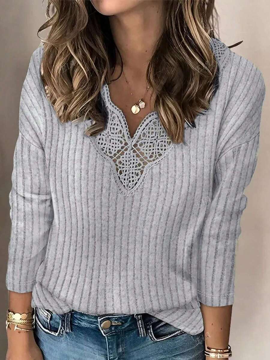 1 Pezzo Maglietta donna a maniche lunghe a costine con decorazione in pizzo, colore tinta unita, adatta per l'autunno