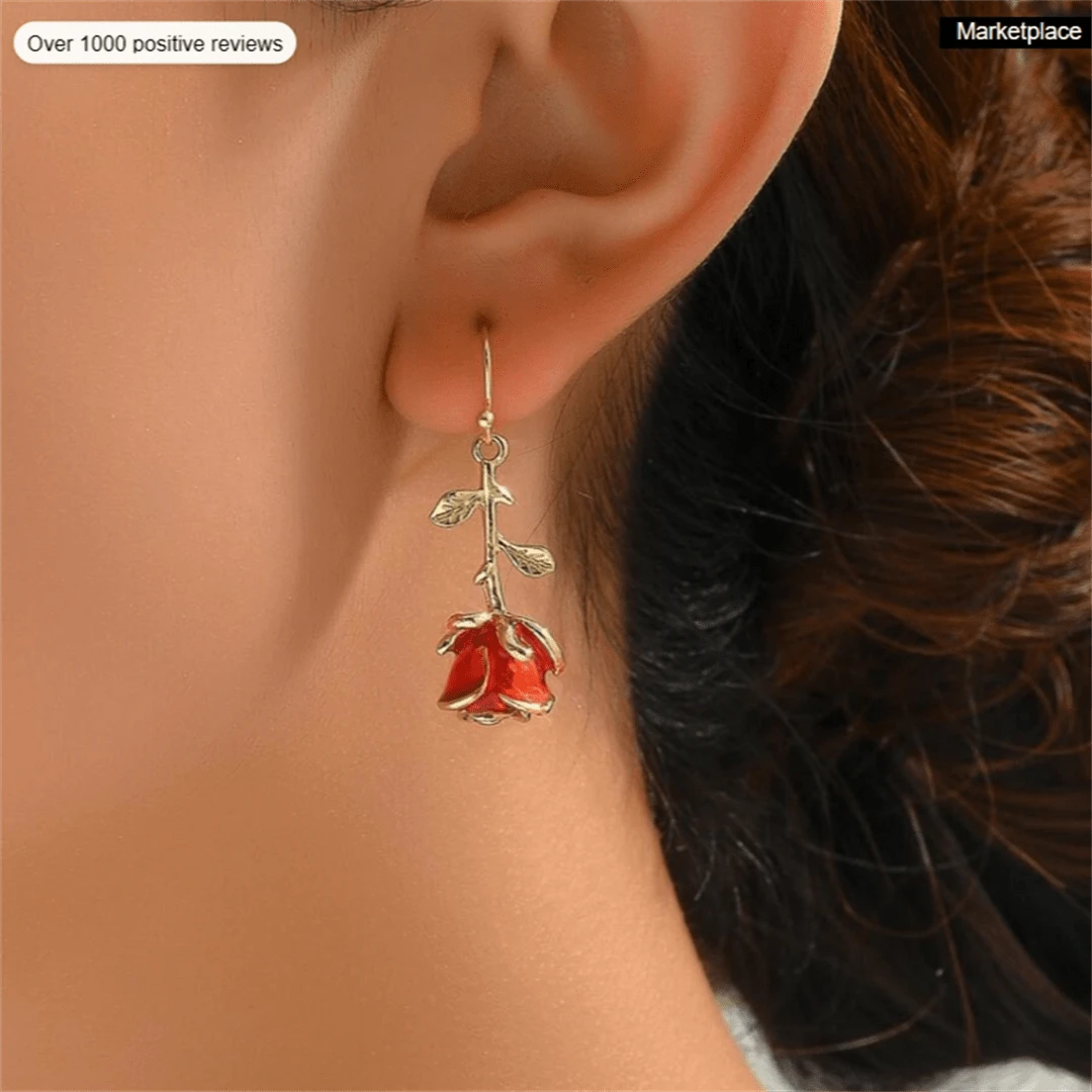 1pair Romantic & Cute Metal Rose Flower Red Enamel Creative Punk Style Dangle Earrings, Suitable For Holiday Party & Date