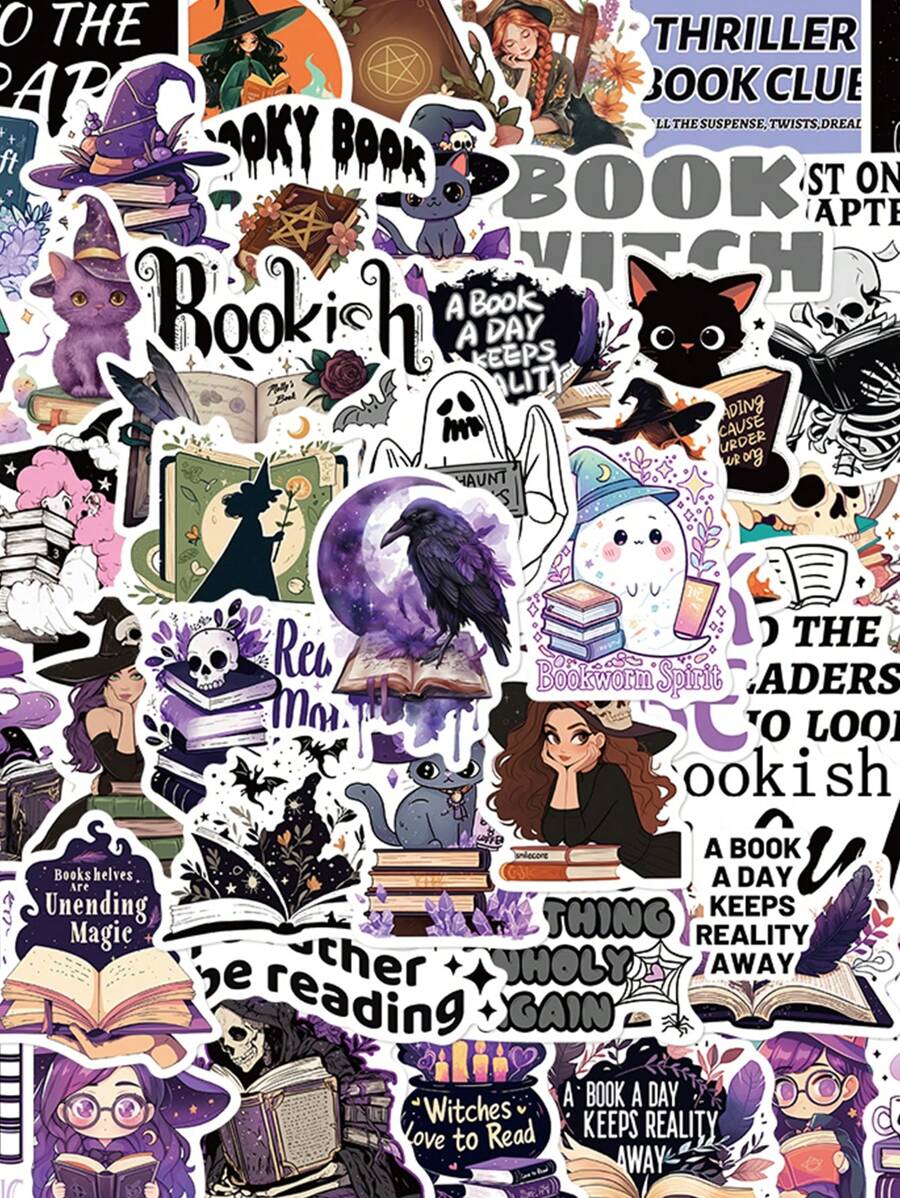 50 piezas de pegatinas de bruja de Halloween con temática de libros, regalos de Halloween, decoración impermeable de PVC con dibujos animados para equipaje, guitarra, taza de agua, estuche de teléfono, portátil