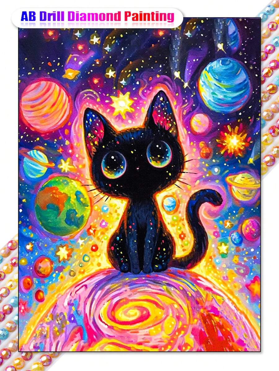 1Set DIY AB Diamond Painting Kit For Adults Beginner, Anime-Themed Round Diamond Embroidery Mosaic Art, Celestial Space Cat Design, Canvas Cross Stitch Set Home Wall Decor