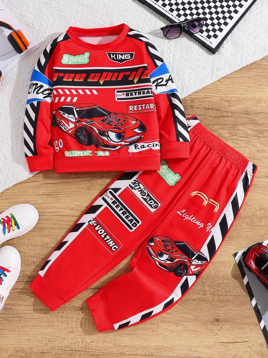 2pcs Young Boy Cool Motorcycle Suit Racing Suit Sweatshirt Sweatpants Set Spring And Autumn Style