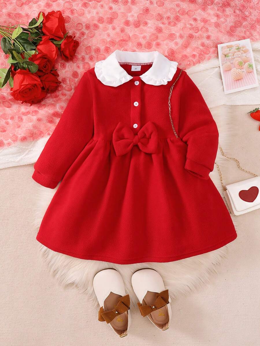 Vestido de niña con mangas largas y forro térmico, combinación de parches con cuello de volantes y cardigan medio abierto de una sola capa, vestido de niña con lazo, elegante vestido rojo de princesa, apto para niñas de 4 a 7 años para uso diario