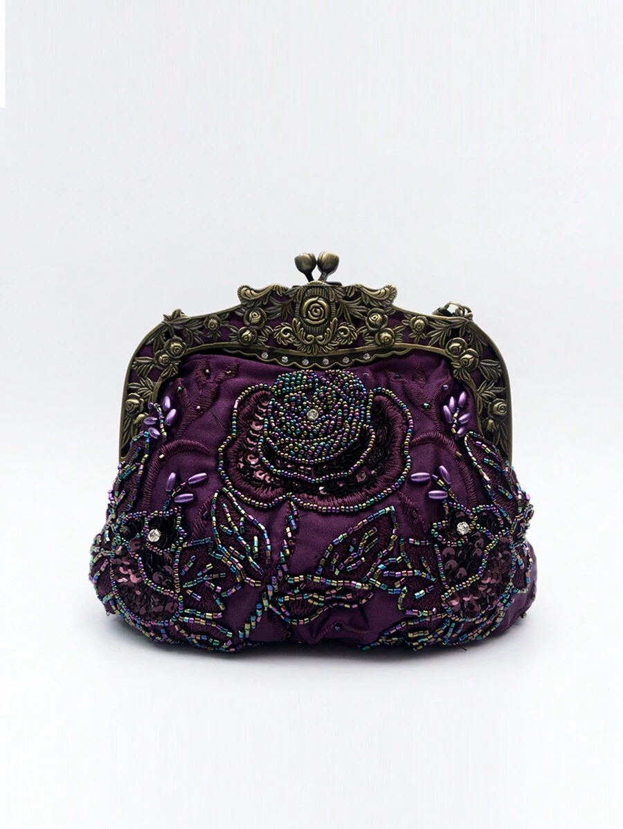 1pc Purple Rose Embroidered Beaded Sequin With Rose Carving Bronze Tone Rhinestone Decor 1920s Vintage Style Evening Clutch Bag, Suitable For Women's Formal Occasion, Party, Wedding Dress, Gift For Lady, Mother, Birthday