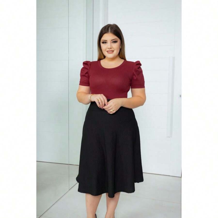 CONJUNTO SAIA GODE PRETA + BLUSA BUFANTE VERMELHA MODA EVANGELICA FEMININA
