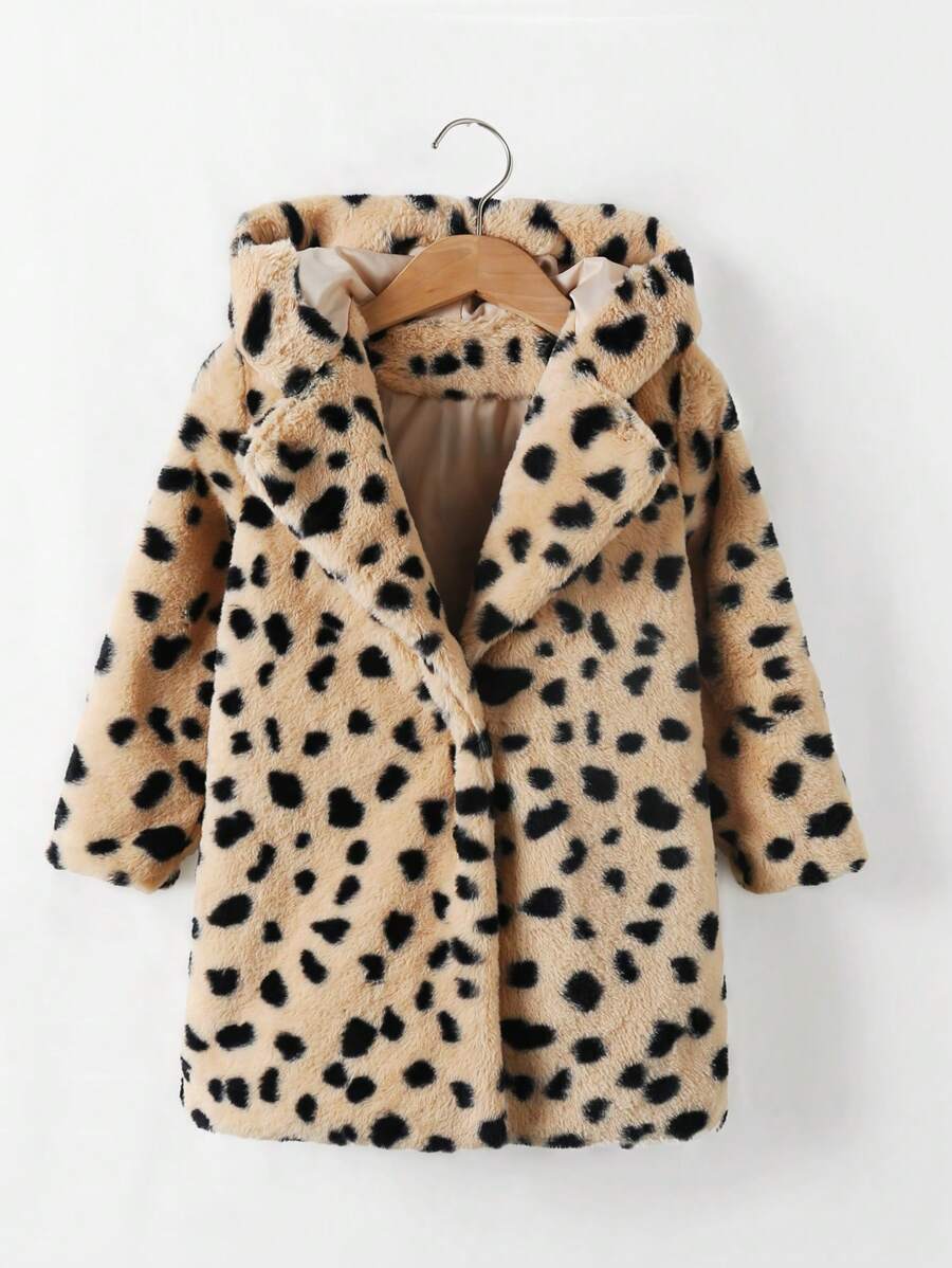 Giacca medio-lunga per ragazze giovani alla moda, con cappuccio ampio, colletto, maniche lunghe, stampa leopardata e soffice, adatta per autunno/inverno