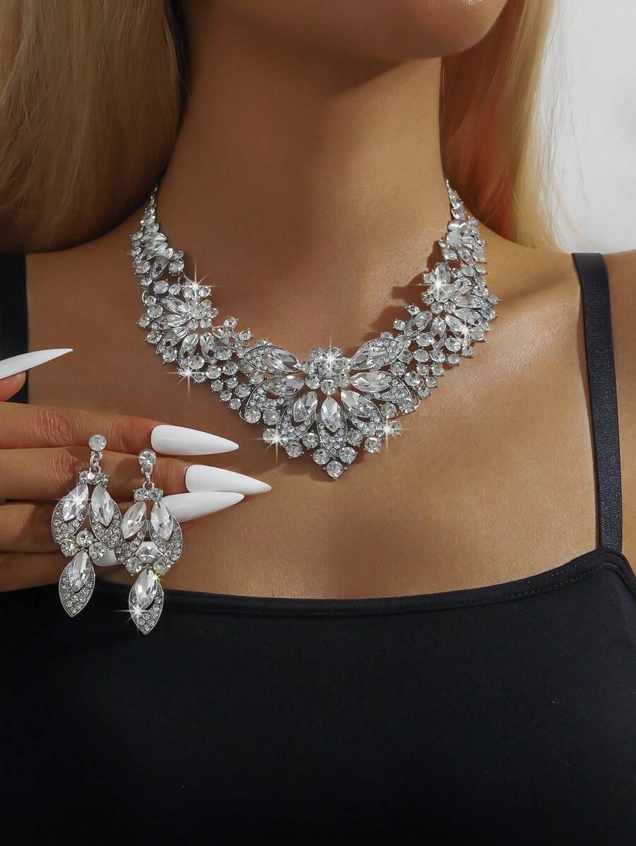 3pcs/Set Fashionable Exaggerated Colored Crystal & Rhinestone Necklace Earrings Bracelet Set, Perfect For Ladies' Wedding & Party Jewelry Gift