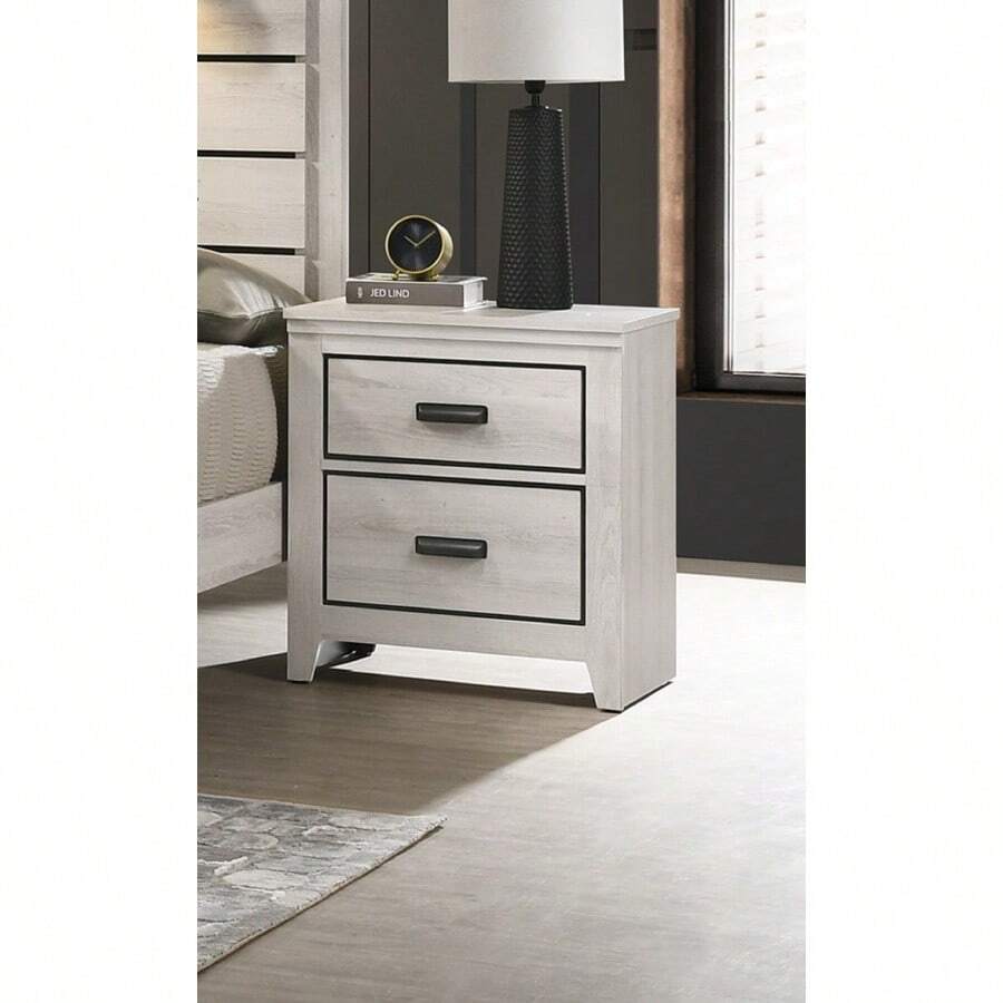 Contemporary 2-Drawer Nightstand End Table Beige White Finish Two Storage Drawers Bedroom Furniture