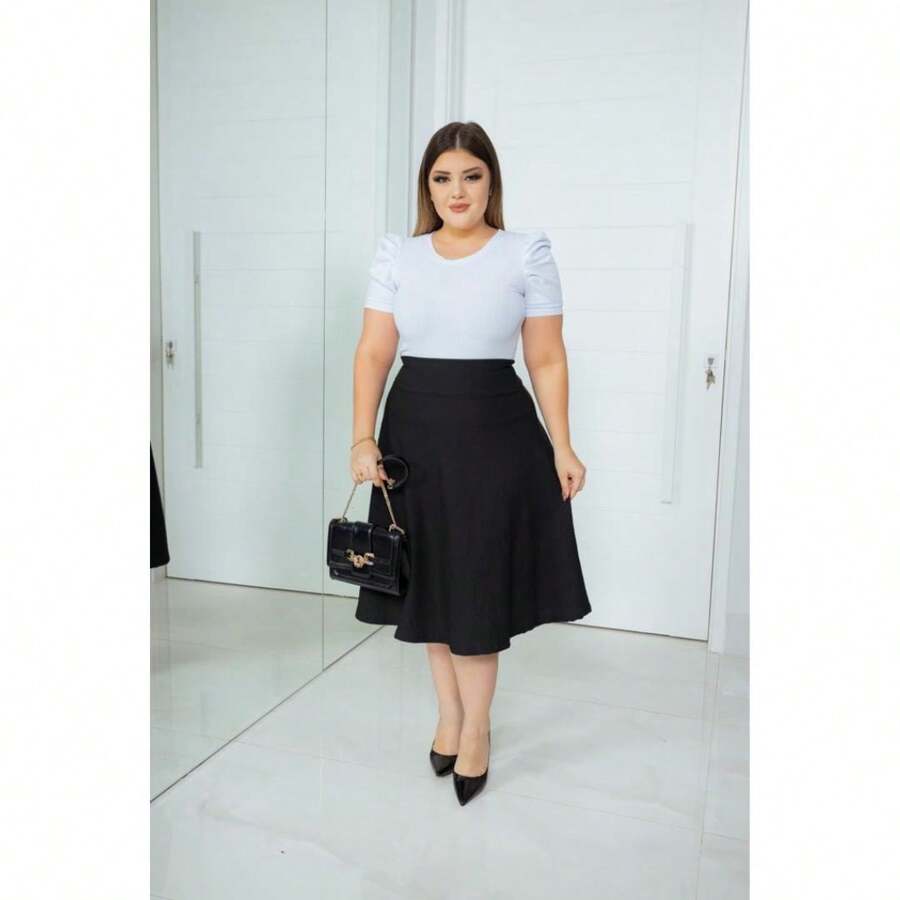 CONJUNTO SAIA GODE PRETA + BLUSA BUFANTE BRANCA MODA EVANGELICA FEMININA