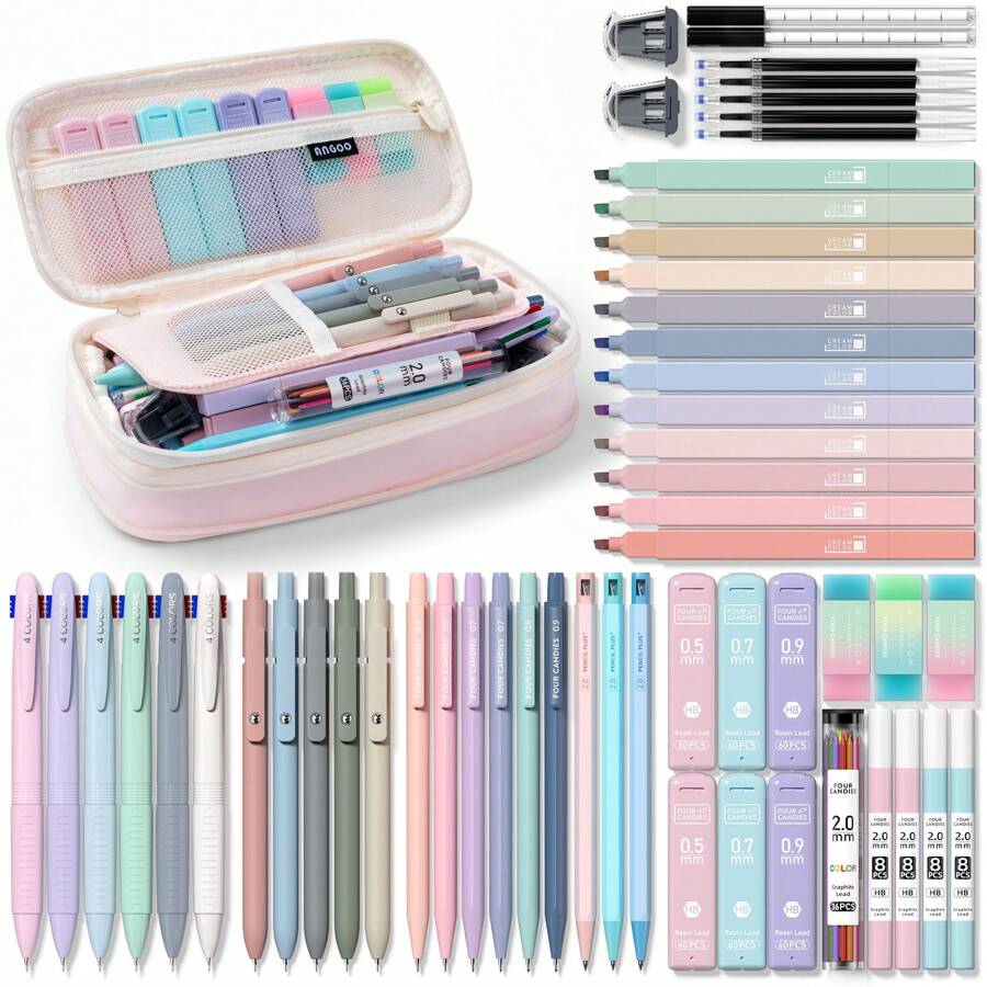 Four Candies 56 PCS Aesthetic School Supplies With Large Pencil Case, 6 Colored Ballpoint Pens, 12 Pastel Highlighters, 5 Black Ink Gel Pens, 9 Mechanical Pencils 0.5-2.0mm Student Essentials Back To School