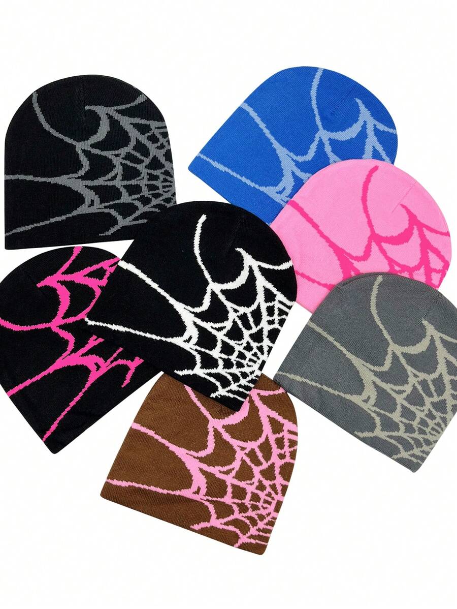 1pc Women's Fashionable Knitted Streetwear Y2K Beanie Hat, Autumn Winter Double Layer Spider Web Jacquard Pattern Halloween Elements Casual Brimless Hat