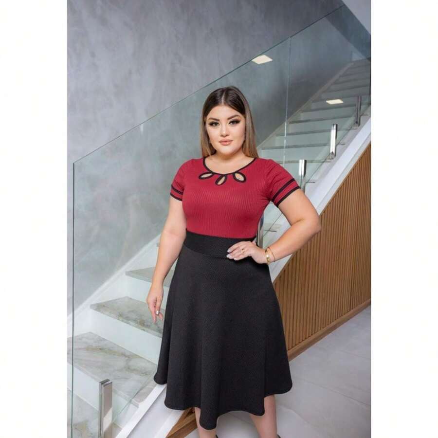 CONJUNTO SAIA GODE PRETA + BLUSA GOTA VERMELHA MODA EVANGELICA FEMININA