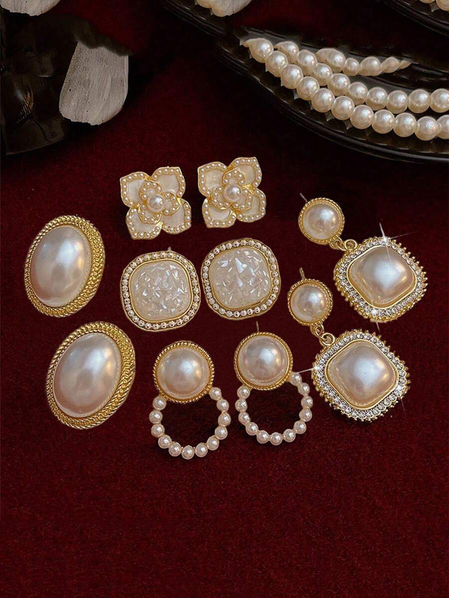5 Stücke/Set Luxuriöse Faux-Perlen, Blume, Strass, Quadrat & Ellipse design Frauen Ohrstecker, geeignet für täglich & Festival tragen