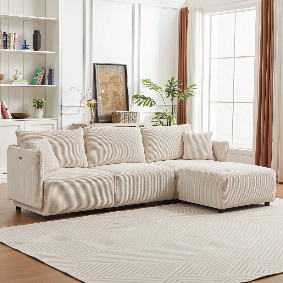 106" Multi-Module Combination Style Sofa For Living Room, Bedroom And Other Lounge Spaces, Modern Minimalist Corduroy Combination Sofa With 2 Comfort Cushions With USB And C Charging Ports, Beige