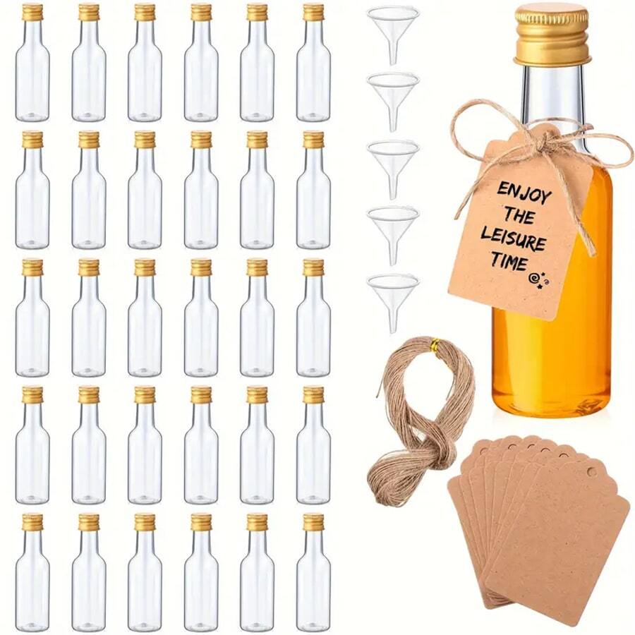 30/20/10/5pcs Mini Liquor Bottles,1.8oz/50ml Airtight Mini Alcohol Bottles Small Plastic Bottle With Caps, Mini Wine Bottles With Funnels, Tags, And Ropes, Juice Shot Bottles For Wedding Party