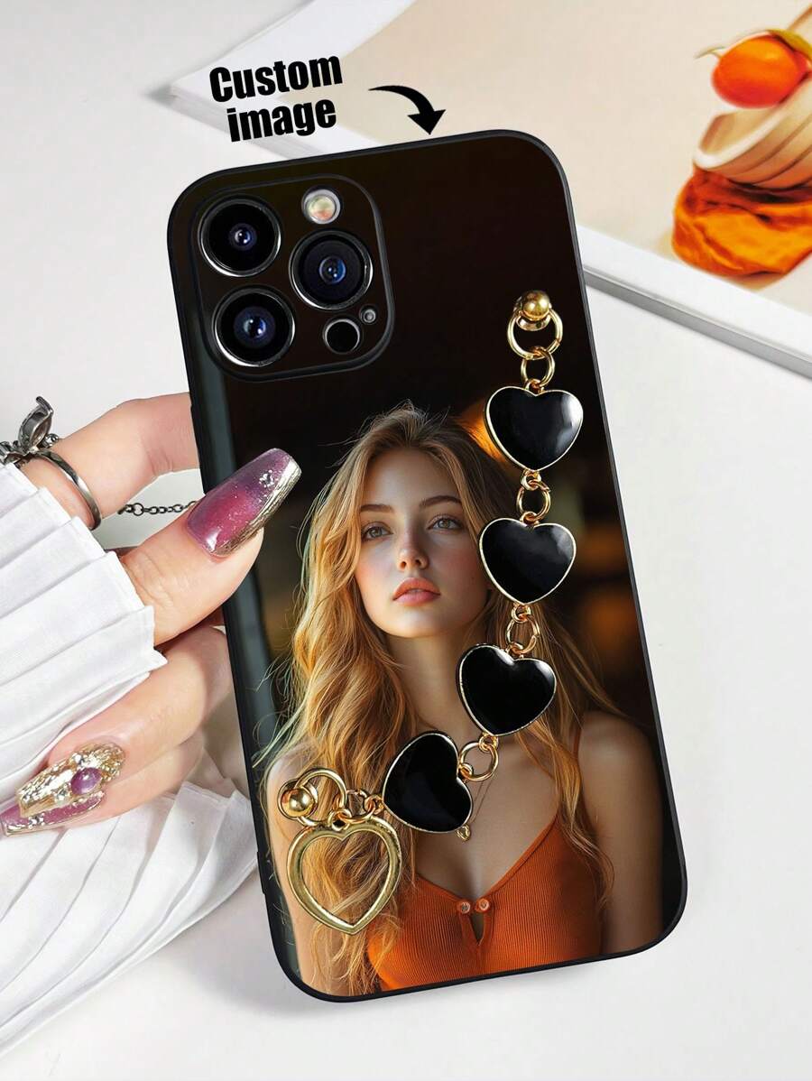 1 Stück schwarze TPU anpassbare Grafik Fallschutz Handyhülle & 1 Stück schwarzes Herz Armband passende Handyhülle Set kompatibel mit iPhone/Android Handys (iPhone 15 Pro Max, Samsung A14, A54, A52, A31 4G, A23, Redmi Note 8 Pro, 11 Pro 4G, 12 4G, OPPO A54)