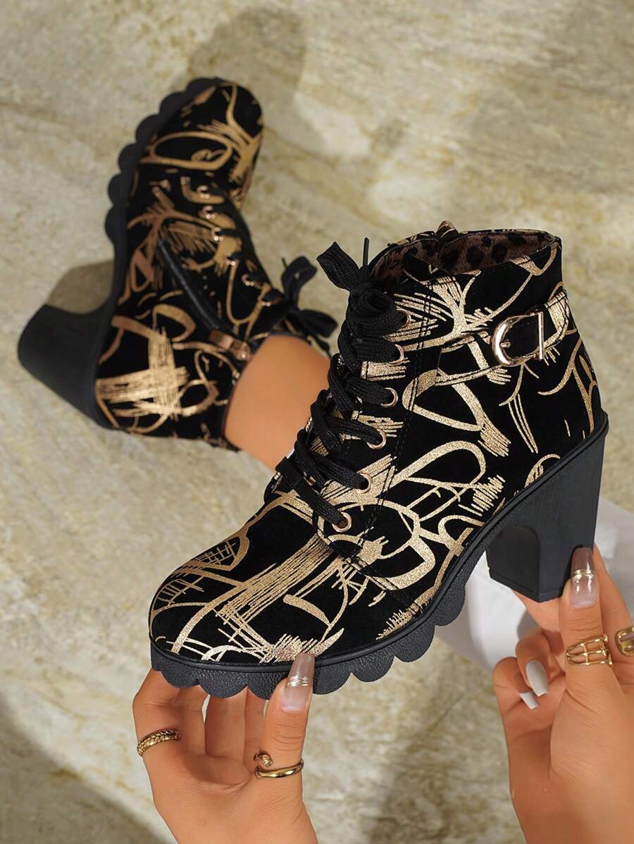 Women's New Fashion Metallic Print Suede Round Toe Block Heel Zipper Lace-Up Comfortable Vintage Street Style Boots