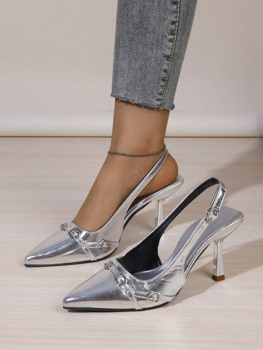 2024 Lente/Herfst Nieuwe Puntige Teen Metalen Gesp Dunne Hak Hoge Hak Slip-On Gesloten Teen Holle Uit Sandalen Voor Vrouwen
