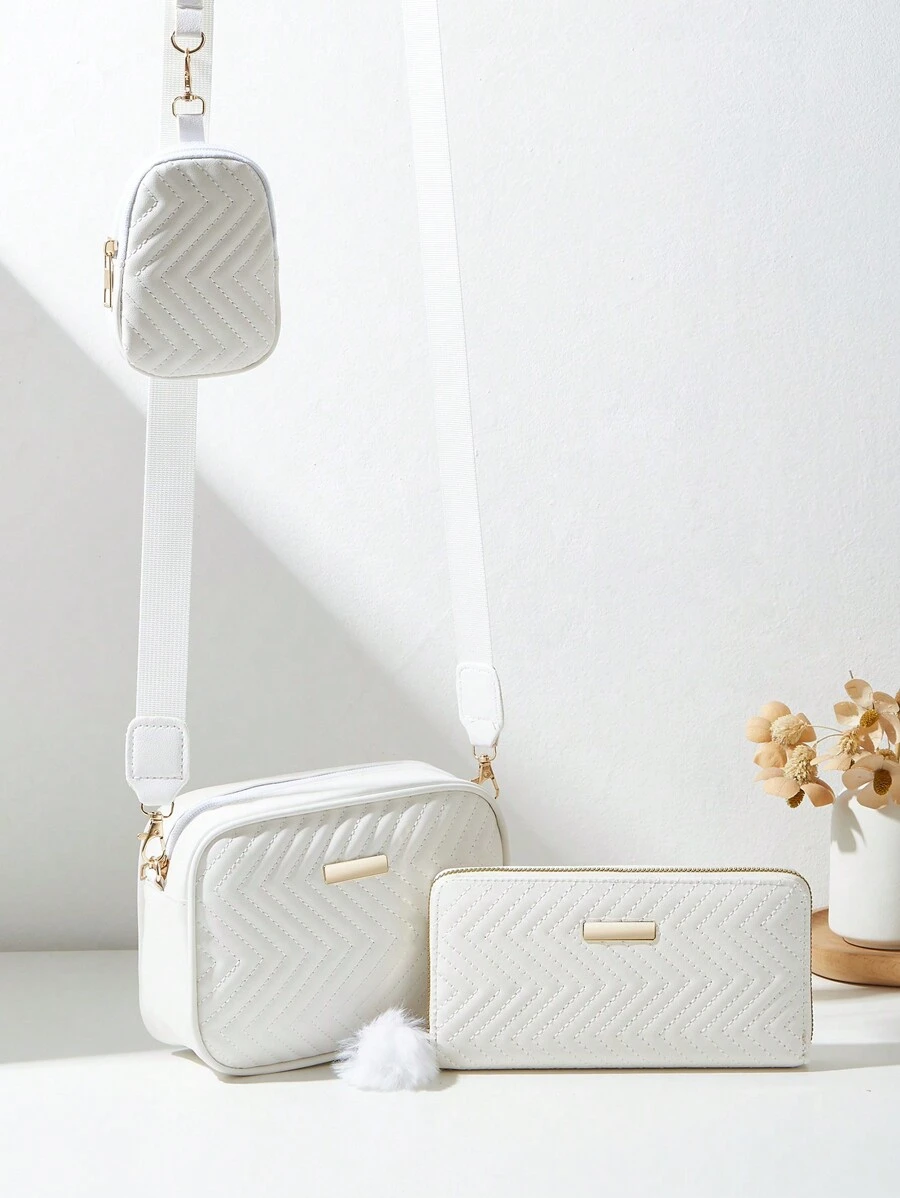 Juego de 3 bolsos de mujer de moda: bolso de mano con asa de hombro y bandolera, bolso acolchado, cartera larga, monedero pequeño y cuadrado
