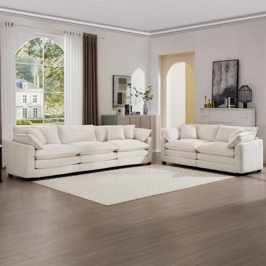 Modern Fabric Living Room Set Of 2 Sofas With One 2-Seat Sofa And One 3 - Seat Sofa, Upholstery Large Deep Seat 2 Seatr And 3 Seater Sofa Set, Light Beige Corduroy Fabric