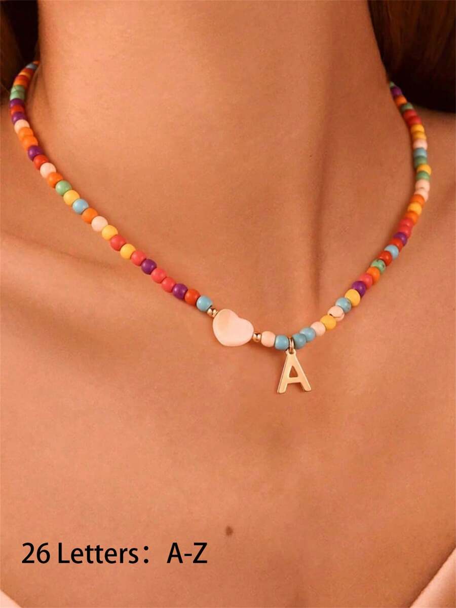 1pc Elegant Teen Girls Gold Stainless Steel 26 Alphabet Letter & Colorful Plastic Bead Heart Pendant Necklace, Suitable As Gift For Bestie, Schoolmate Or Friend