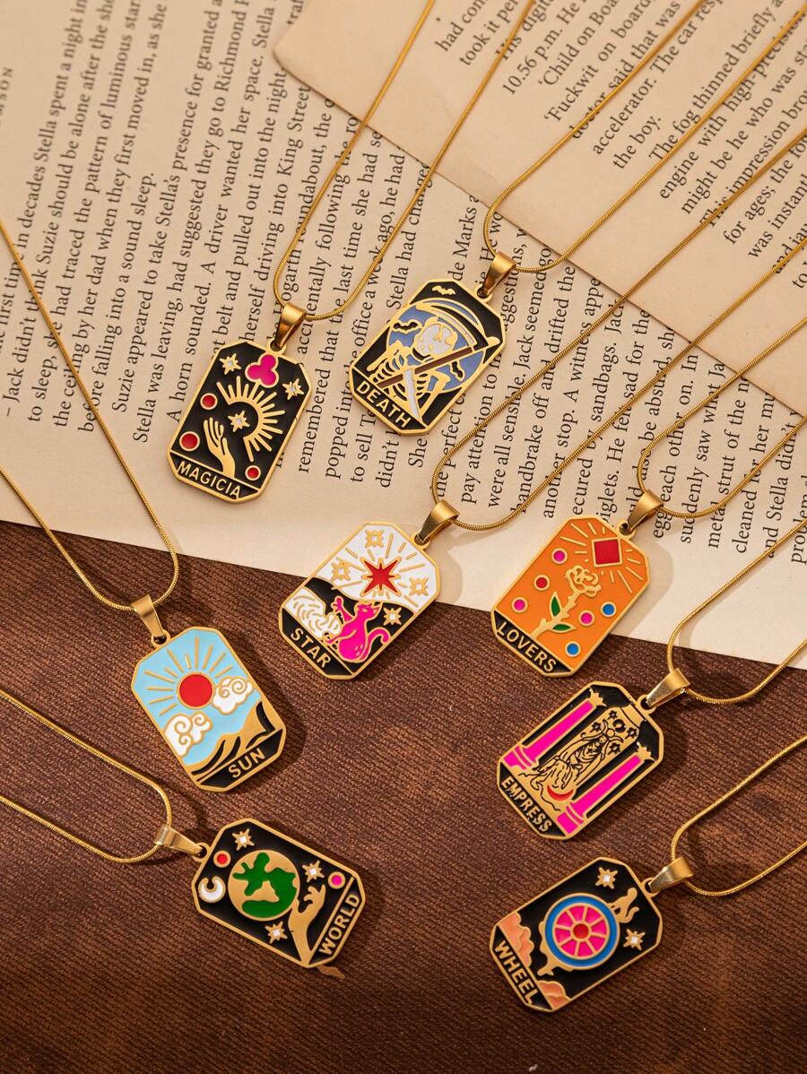 1 peça 18K banhado a ouro titânio aço multicolorido gota de óleo tarô sol caveira pingente colar, aço inoxidável moda jóias para mulheres, uso diário