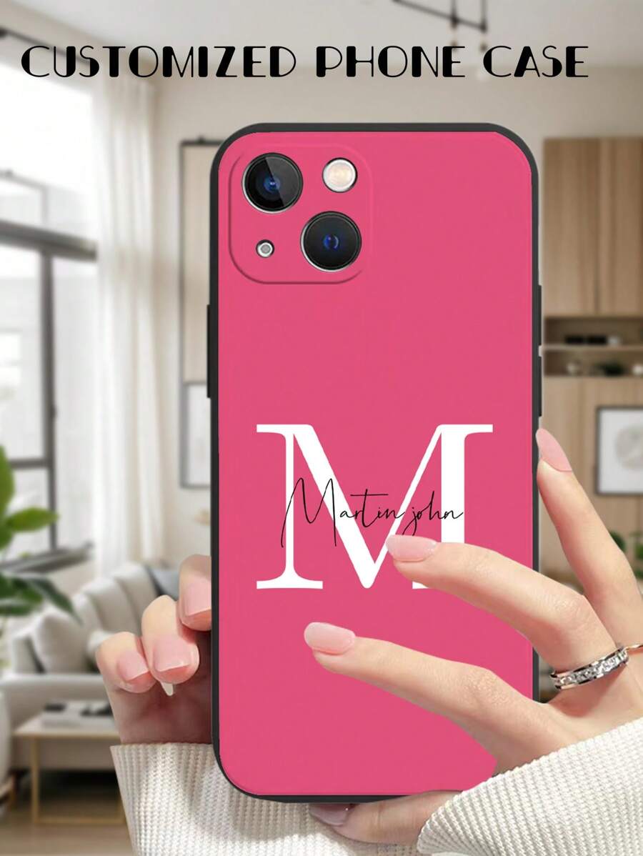 1 pieza Funda protectora de silicona con cobertura completa y texto personalizado, nombre, fecha compatible con Apple 15 14 13 12 11 Pro Max, Series color rosa