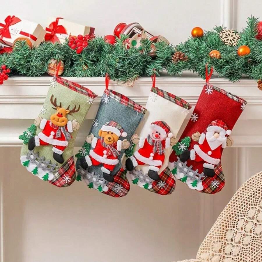 4 Stücke/Set 30cm klassische mittelgroße Weihnachtsstrümpfe mit Motiven von Weihnachtsmann, Schneemann und Rentier für Familien-Weihnachtsfeier, Szenendekoration, Feiertags-Dekoration, Heim-Dekoration, Flur-Dekoration, Büro-Dekoration, Garten-Dekoration, beste Weihnachts-Dekoration als Geschenk