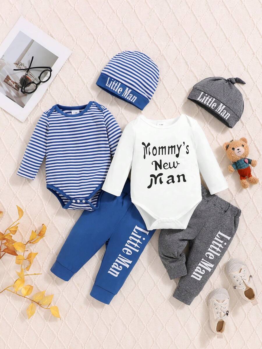 2pcs Baby Boy Letter Print Outfit Set With White Shirt & Blue Striped Pants, With Hat, Autumn/Winter