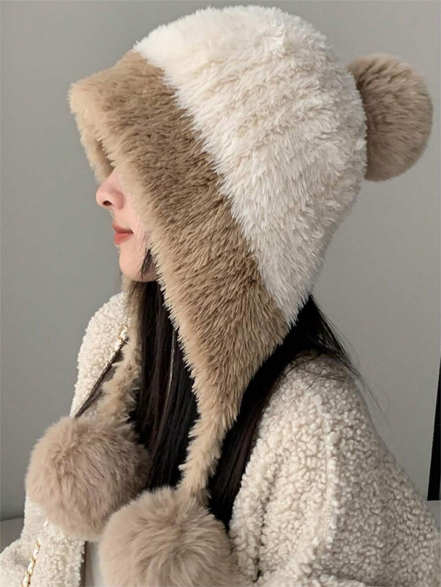 Cozy Winter Beanie With Ear Flaps - Cute Plush Pom-Pom, Thick Thermal Lined Knit Hat For Women, Stretchy Winter Hats For Women Embroidered Hat Halloween