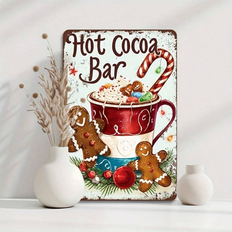8"X12" Vintage Hot Chocolate Bar Metal Tin Sign, Iron Wall Art Decor For Farmhouse, Bathroom, Garage, Cafe - Multi-Purpose English Text, Stickers, Wall Decal, Vinly Decal For Home Decorations, Spring Decoration Items Refresh Your Home, Rama Decoration Stickers