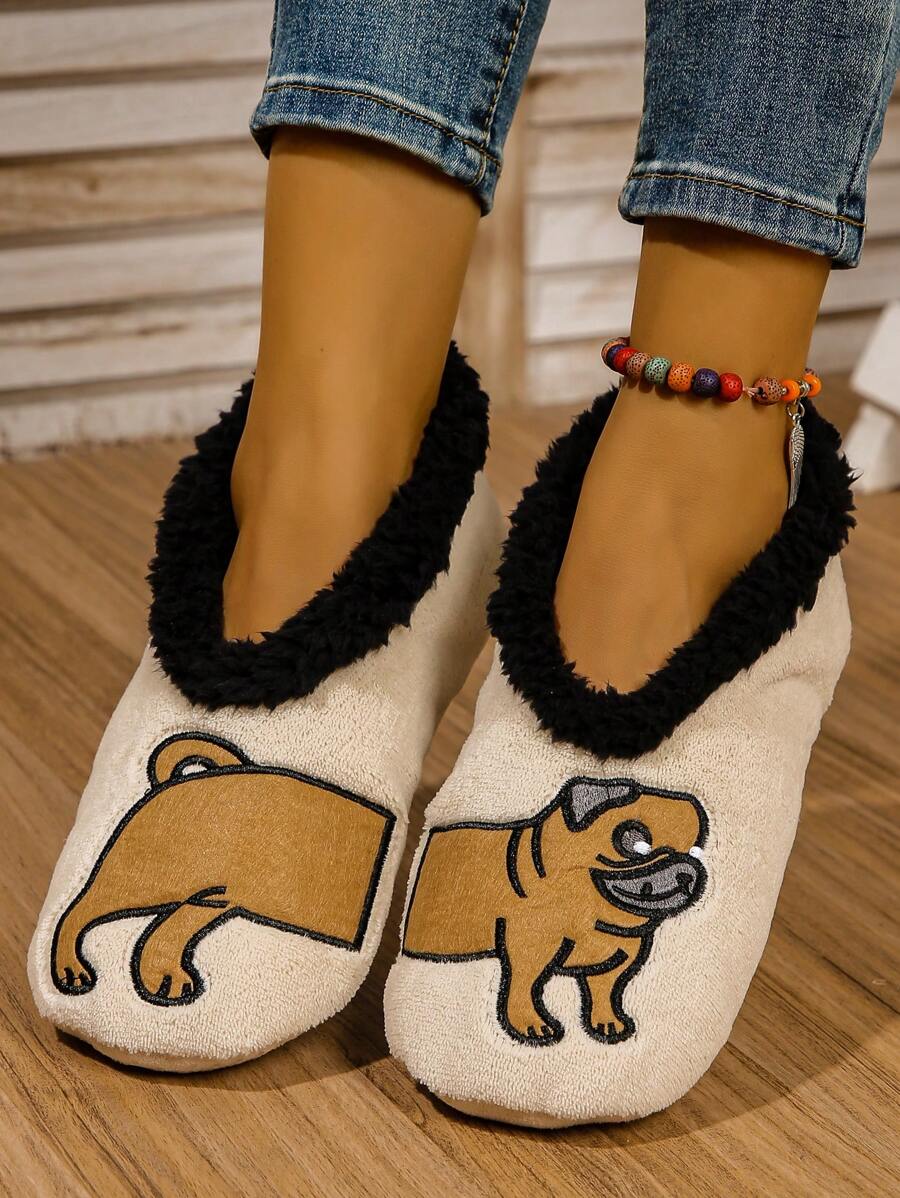 Chinelos minimistas fofos para quarto feminino, sapatos térmicos internos para convidados, nova coleção de outono e inverno com design fofo e engraçado de panda e cachorro, com sola grossa antiderrapante e confortáveis para uso em casa