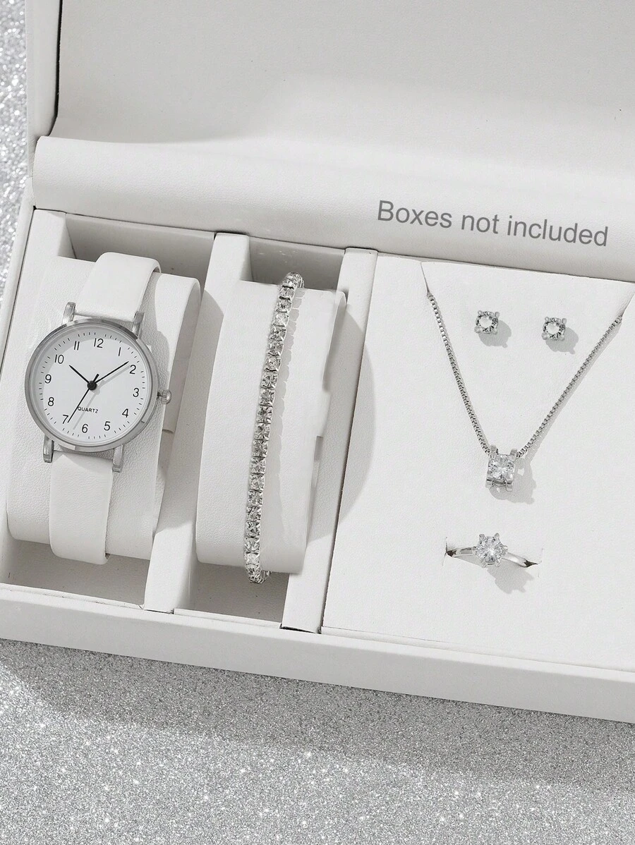 Ensemble de 5 montres pour dames, montre décontractée et élégante pour dames synthétique blanc, bracelet montre en alliage de zinc, avec collier en strass, bracelet, bague, boucle d'oreille