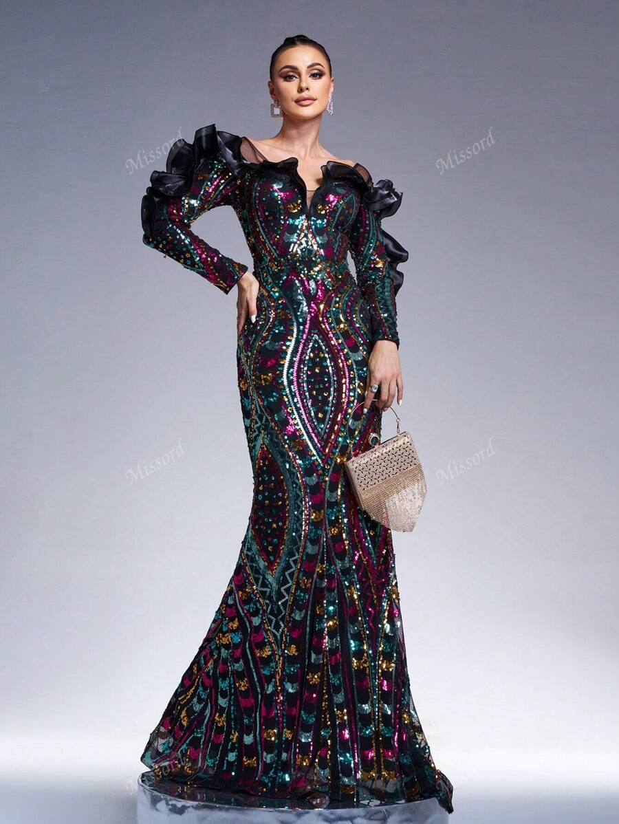 Missord Women's Off Shoulder Mesh Contrast Ruffle Hem Glitter Evening Gown Dress, Elegant Long Sleeve Formal Prom Dress, For Wedding Guest, Graduation, Dinner