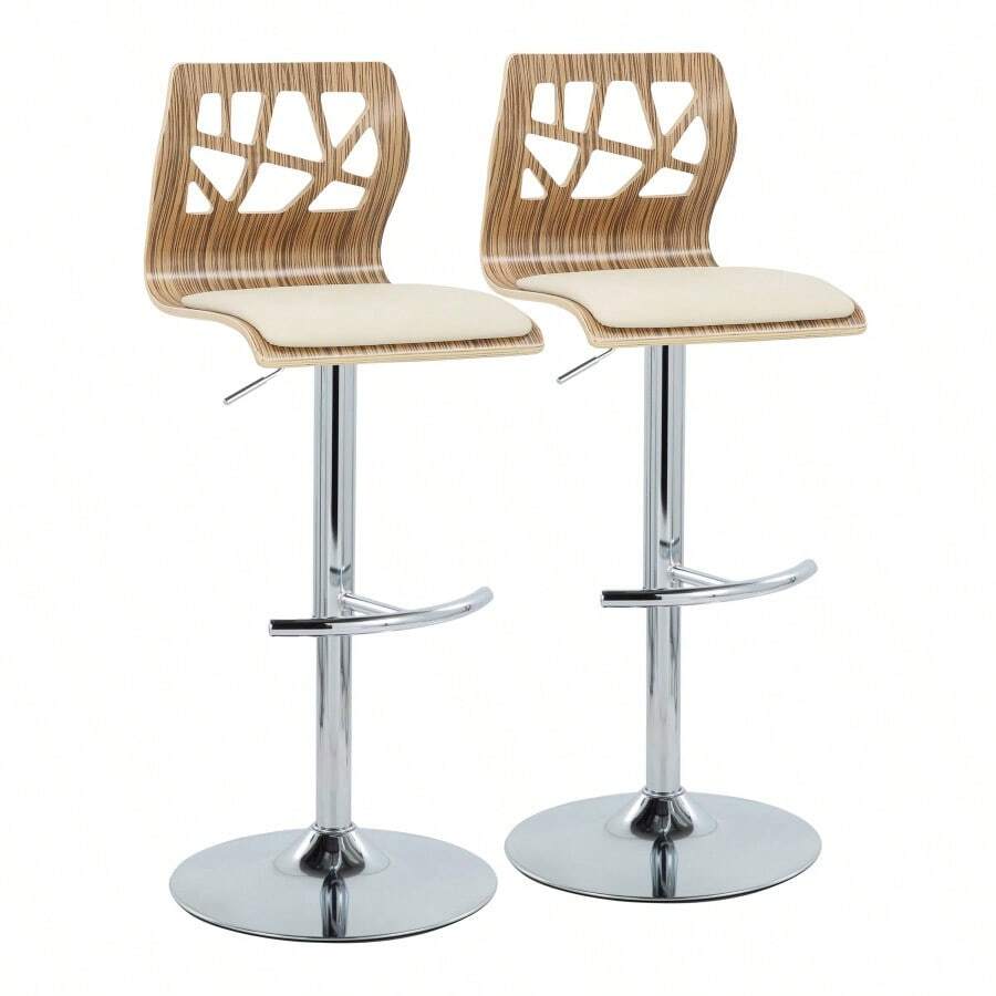 Folia Mid-Century Modern Adjustable Barstool With Swivel In Chrome Metal, Zebra Wood And Cream Faux Leather With Rounded T Footrest By LumiSource - Set Of 2