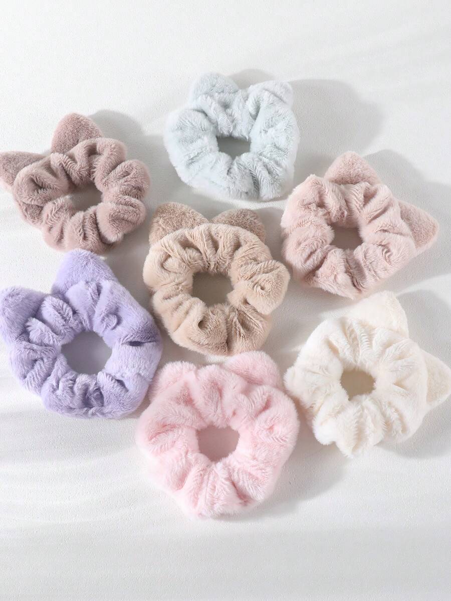 Juego de 4/7 Piezas de Scrunchies con orejas de gato en colores aleatorios para niñas, suaves y esponjosos para coletero, sostenedor de coleta, cuerda elástica para el cabello, accesorios para el cabello de uso diario