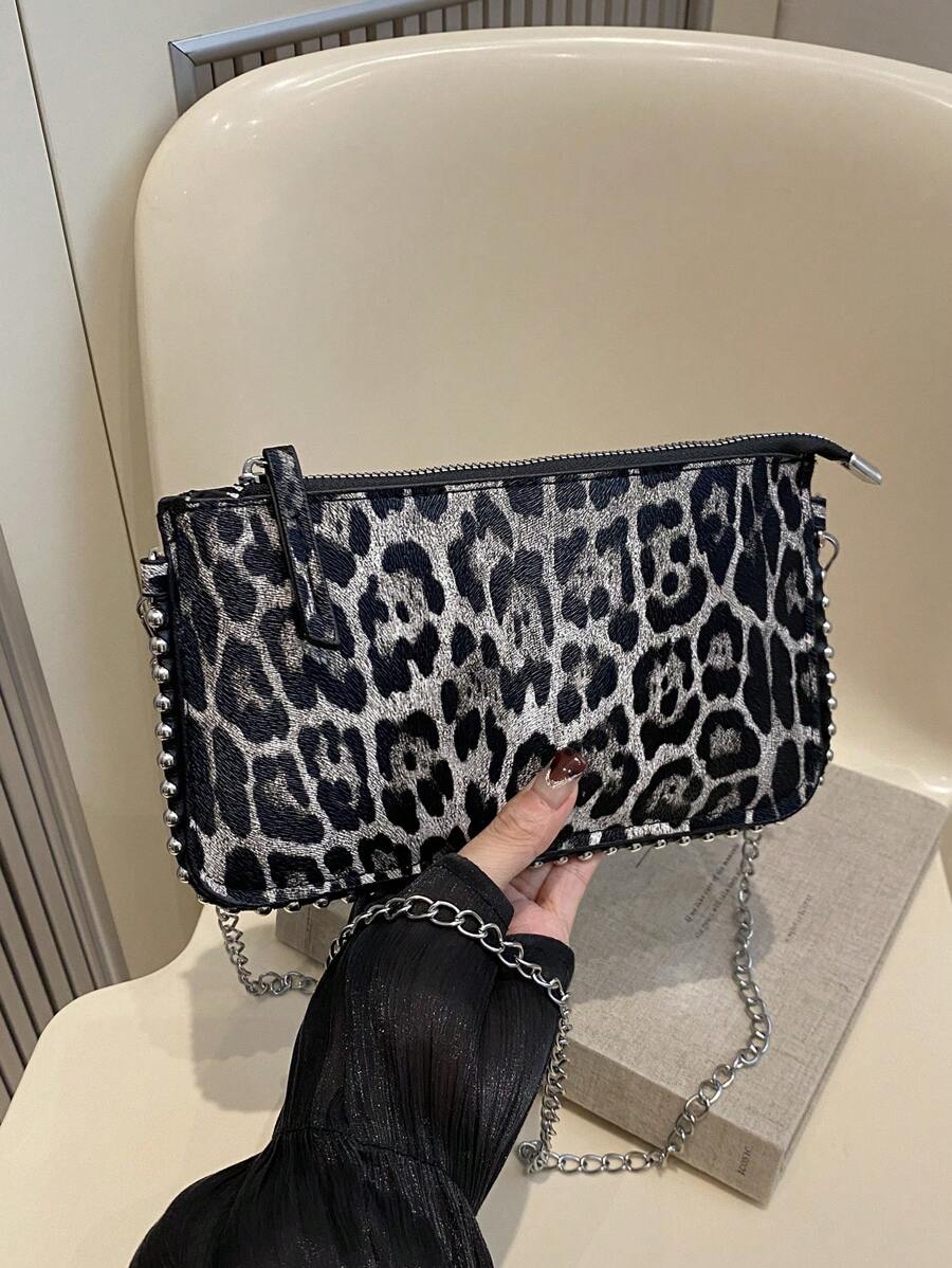 Bolso bandolera de moda para mujer con estampado de leopardo y detalles con cuentas, bolso de hombro - Bolso bandolera de moda para mujer con estampado de cebra y detalles con cuentas, bolso de hombro (el patrón de cebra se coloca aleatoriamente)