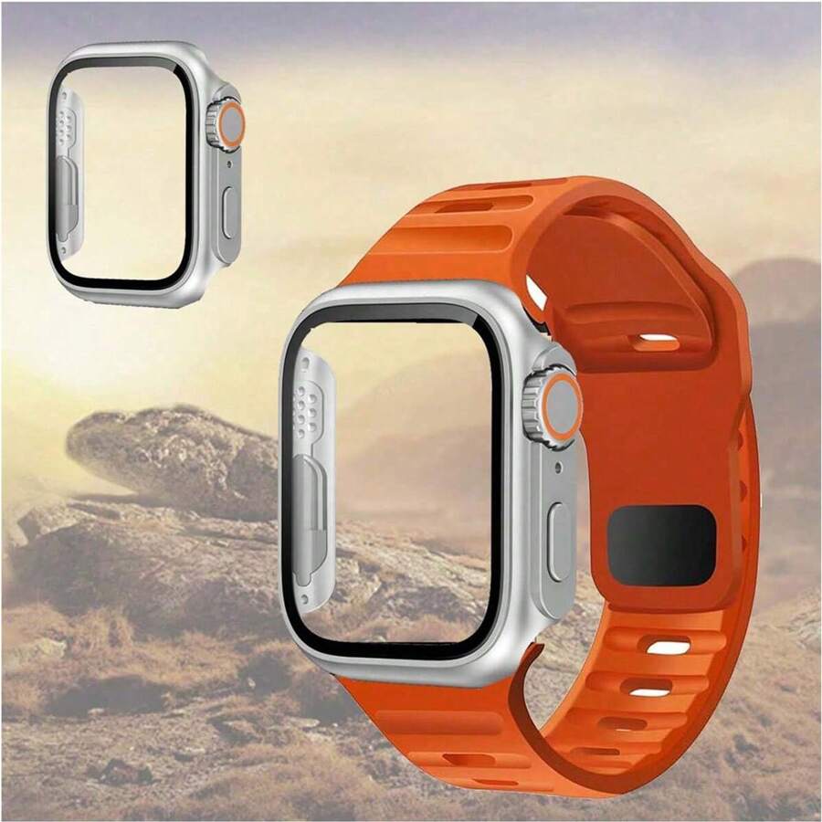Pulseira de silicone com design texturizado, respirável e ajustável, ideal para esportes ao ar livre, laranja, compatível com smartwatches Ultra2/1Series/SE/S9/8/7/6/5/4/3/2/1 de 38 mm/40 mm/41 mm/42 mm/44 mm/45 mm/49 mm. Acompanha protetor de tela de vidro temperado 2 em 1 e capa rígida de policarbonato com moldura prateada para proteção.