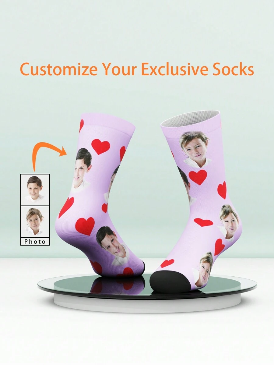 1 Pair Custom Face Print Unisex Kids/Teens Knee-High Socks, Personalized Photography Socks For Boys And Girls, Comfortable Everyday Wear, Birthday/Holiday Giftback To School Winter Gift Ideas Boy Girl Valentine's Day