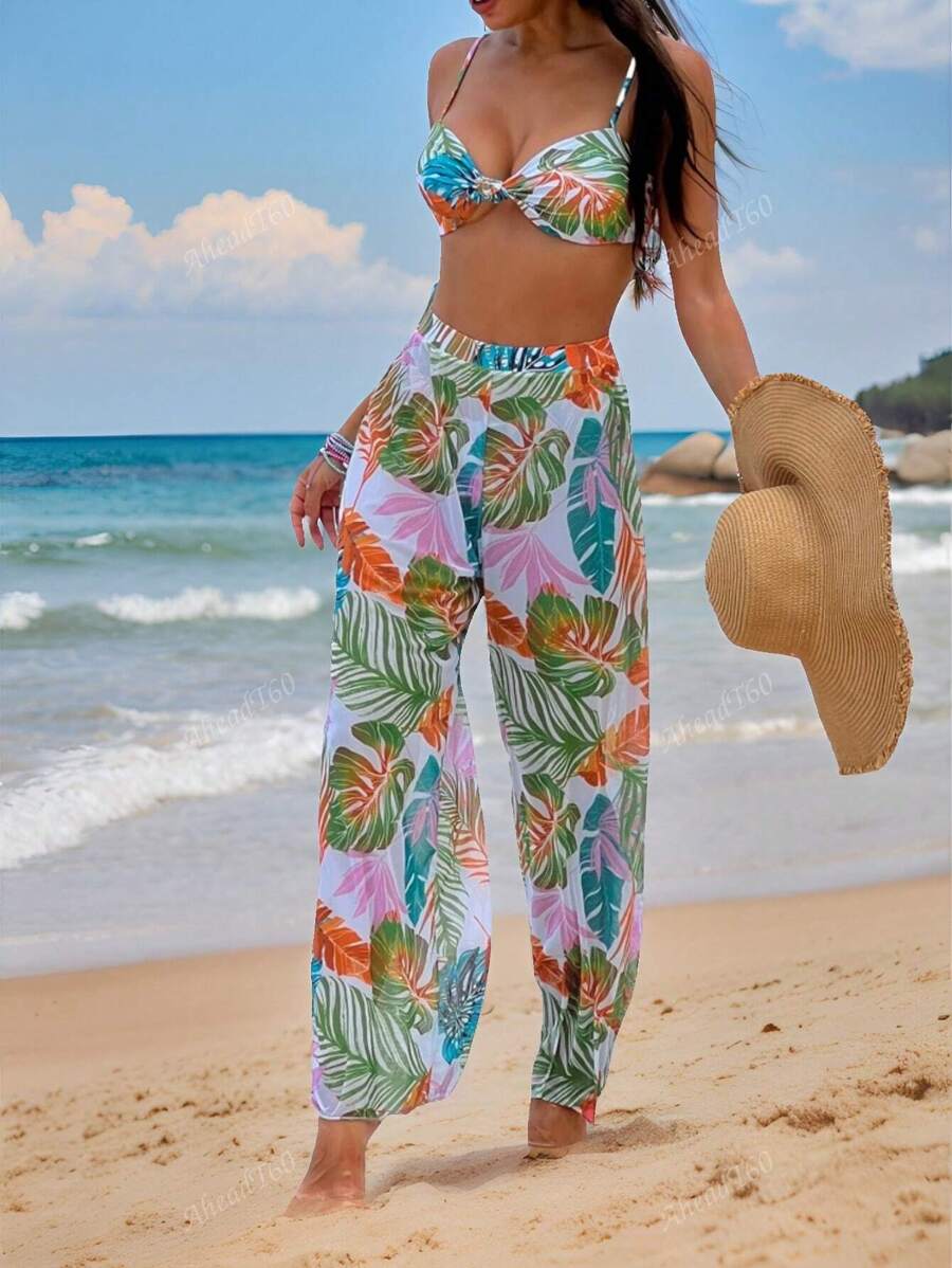 Conjunto De Bikini De 3 Piezas Con Estampado Tropical Y Corte Alto Para Playa De Verano Con Cubierta,Bañador Bikini Halter Con Estampado Tropical,Bañadores Para Fest